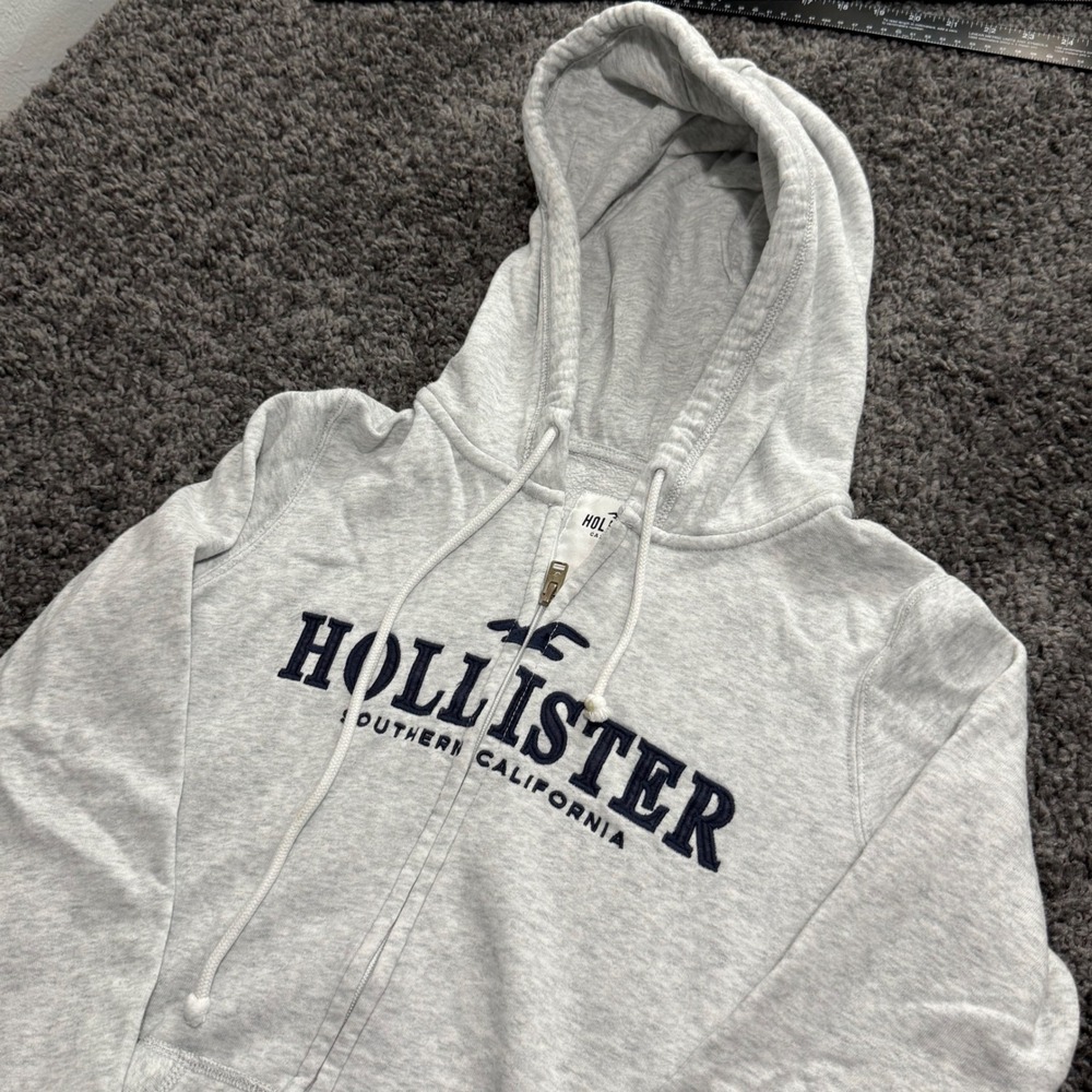 Classic Hollister Full Zip Hoodie Mens Gray Good Embroidered Logo S